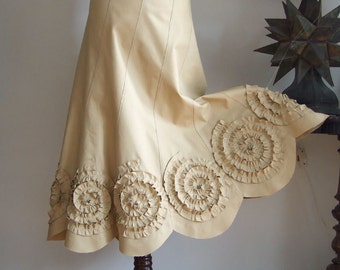 Long Boho Skirt with Rosettes, Long Ruffle Skirt, Prairie Bride Skirt, Midi Ruffle Skirt, Bell Shape Skirt, denim cotton canvas skirt