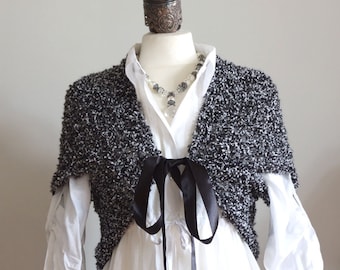 Loose Knit Vest Sweater Capelet with Bow, Black and White Hand Knit Boho Shrug for Woman, Dress Wrap Cover Up, Hand Made Office Clothing