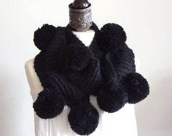 Extra long black wool pompoms scarf, hand knit gothic shawl, unique warm winter wrap, gift for her