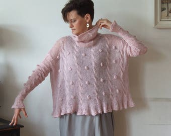 Dusty pink loose fit sweater with braids and bubbles, oversized hand knit cropped sweater for woman, kid mohair pullover, sweet jumper