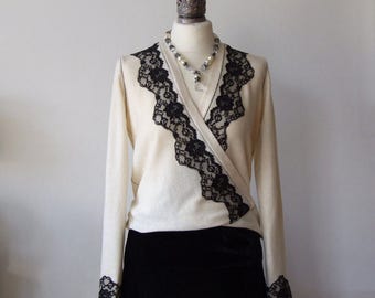 Knitted Wool Wrap Cardigan in Ivory with Black Lace Border, Boho Romantic Criss Cross Cardigan, Office Secretary Wrap Sweater Top