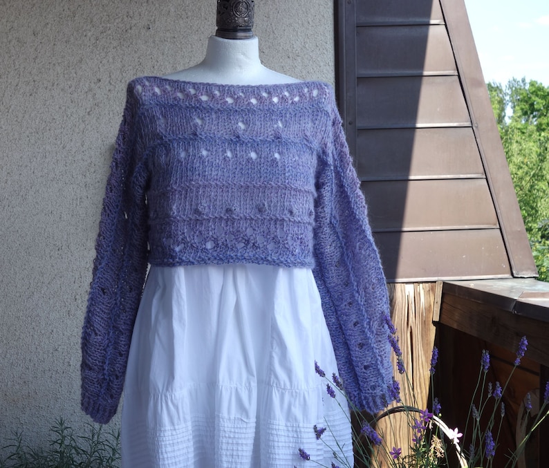 loose fit shrug hand knitted textured sweater light /& airy cropped sweater Lavender alpaca sweater open work pullover wedding sweater