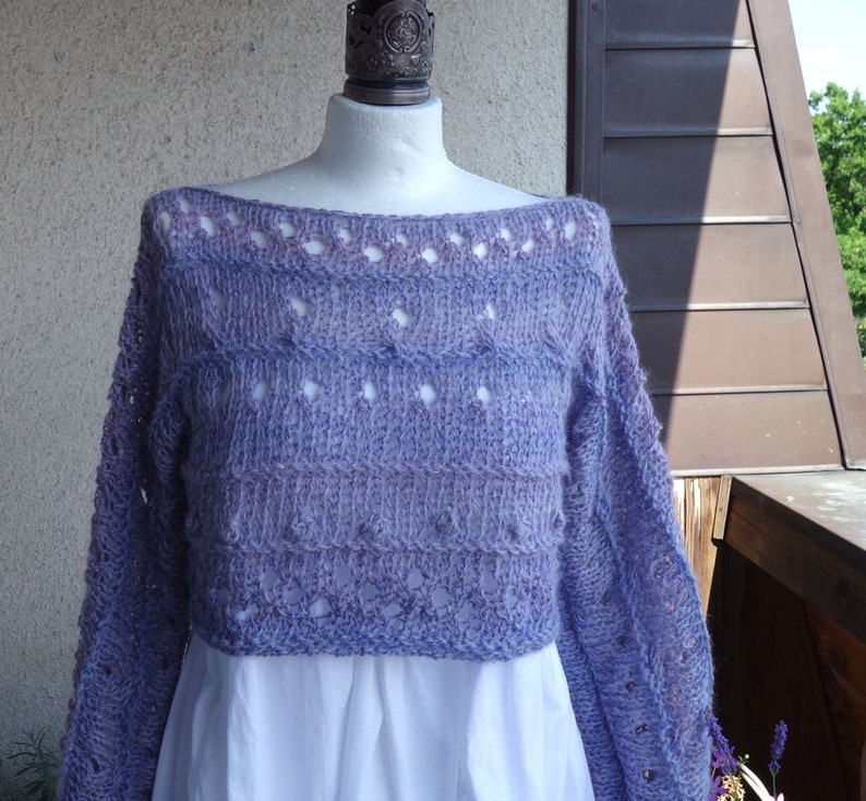loose fit shrug hand knitted textured sweater light /& airy cropped sweater Lavender alpaca sweater open work pullover wedding sweater