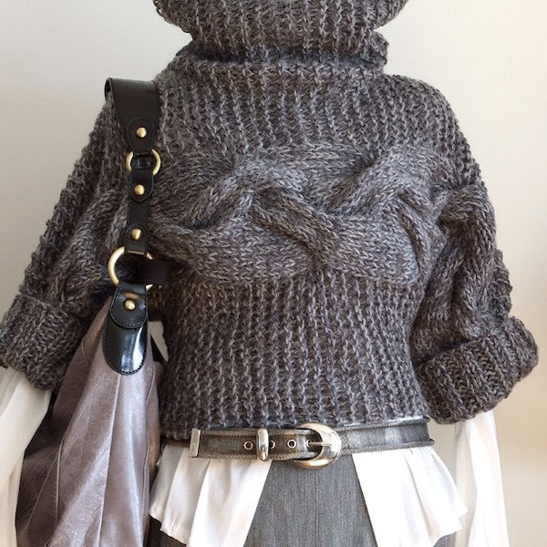 Hand knitted braided shrug in stone gray by Couvert, crop sweater, pullover with braids, gray cowl jumper, crop knit pullover, loose shrug