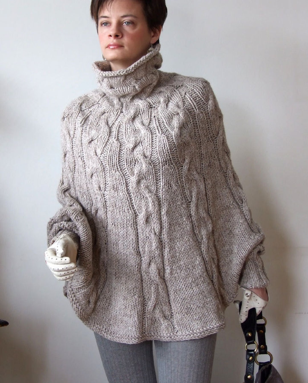 Hand Knitted Poncho Braided Cape Sweater, Coffee Beige Poncho With ...