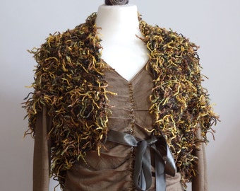 Hand Knit Textured Fluffy Sweater Vest Capelet in Olive Green Ochra and Brown, Woodland Shrug, Fringed Bolero with Bow