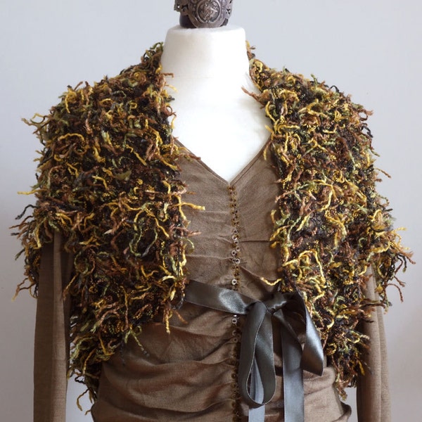 Hand Knit Textured Fluffy Sweater Vest Capelet in Olive Green Ochra and Brown, Woodland Shrug, Fringed Bolero with Bow