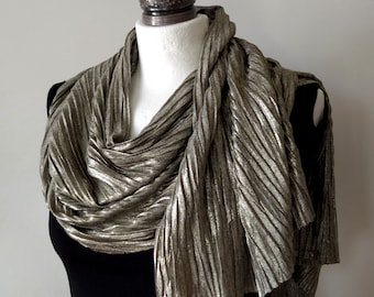 Glamorous metallic gold beige pleated scarf, two sided creased shawl for woman, party wedding bohemian accessorie, Mother day gift under 50