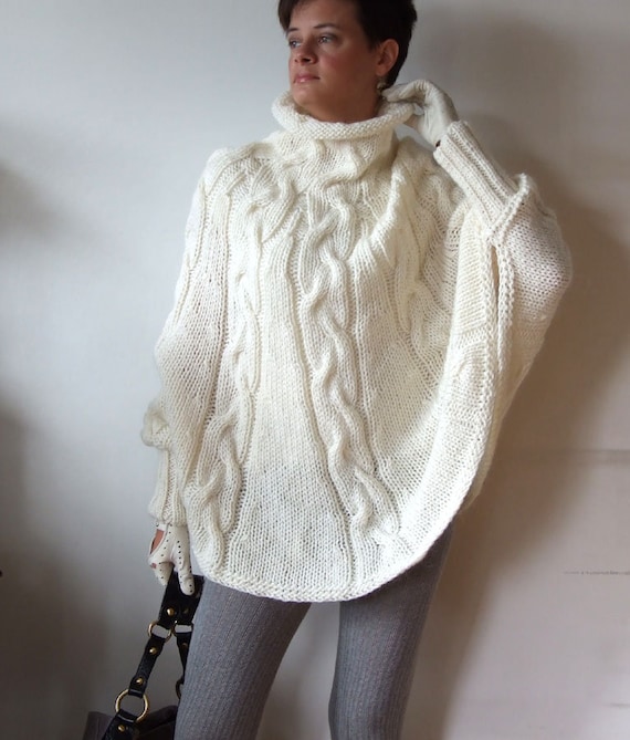 Hand Knitted Poncho Braided Cape Sweater, Fall Cabled Poncho