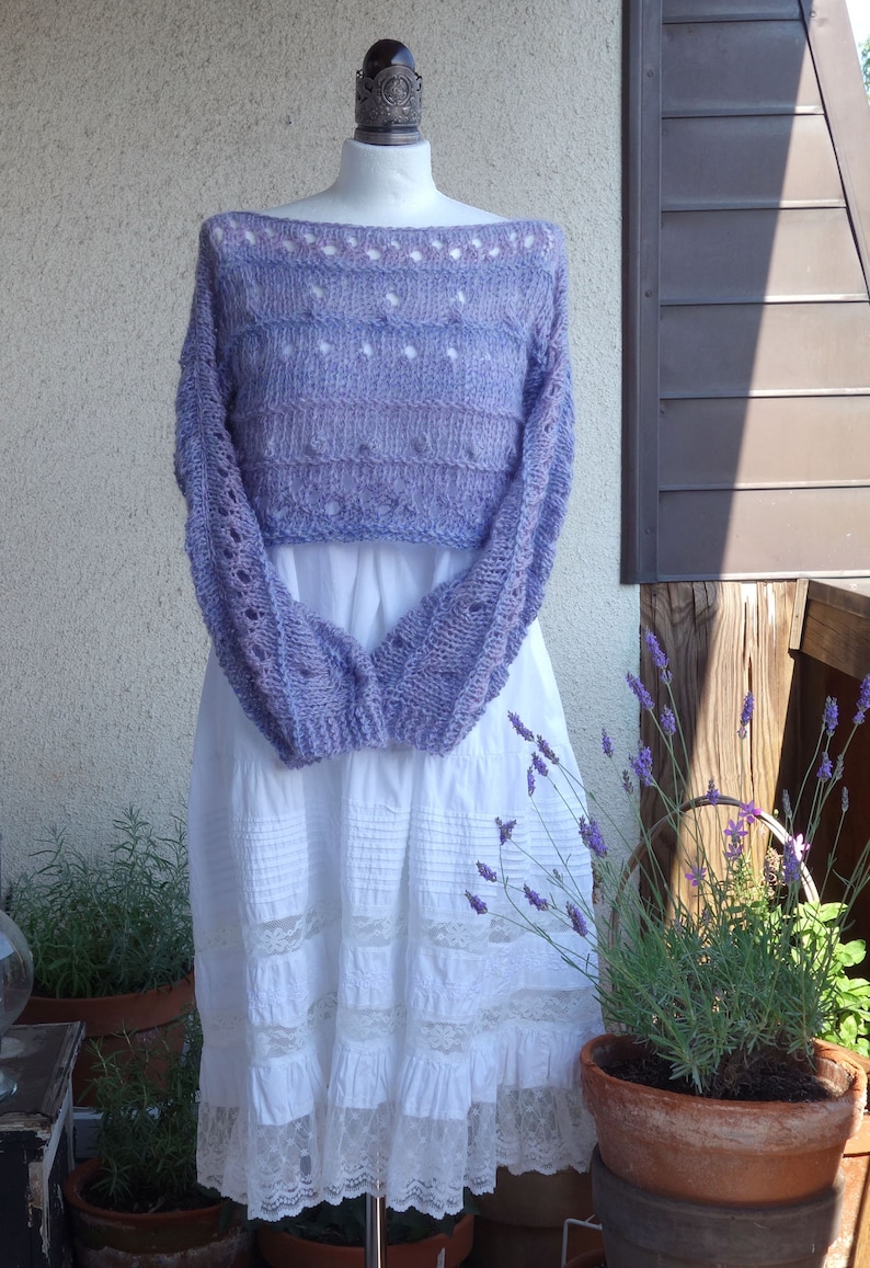 loose fit shrug hand knitted textured sweater light /& airy cropped sweater Lavender alpaca sweater open work pullover wedding sweater