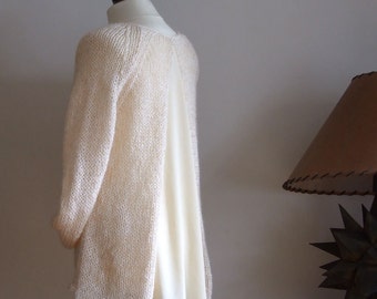 Cream Hand Knit Sweater with Silk Detail in Back and Raglan Sleeve, Asymmetrical Wedding Sweater, High Low Tunic Top