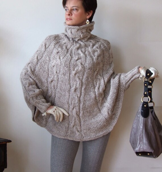 Hand Knitted Poncho Braided Cape Sweater Coffee Beige Poncho With Braids Wool Alpaca Poncho Avant Garde Turtleneck Cape Braided Sweater Etsy UK