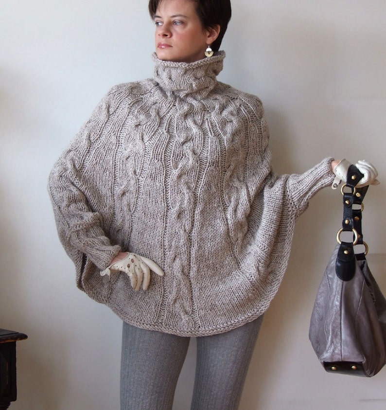 Hand Knitted Poncho Braided Cape Sweater Coffee Beige Poncho - Etsy