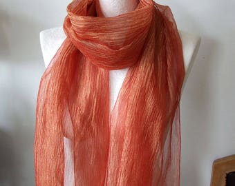 Metalic wrinkled organza shawl in tangerine orange, luxurious and glamorous  long scarf, tangerine & gold boho prom scarf, wedding scarf