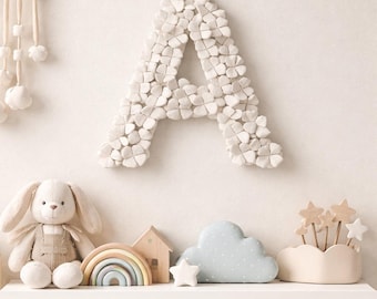 Ceramic Floral Letter Wall Art – Handmade Initial Decor – Neutral Nursery Wall Decor – Personalized Baby Name Letter – Sculptural Ceramic