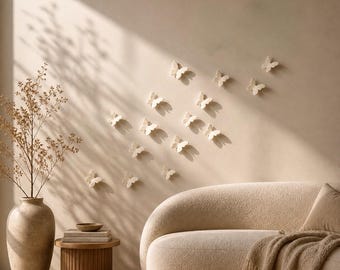 3D Ceramic Butterfly Wall Art Set – Floating Butterfly Installation – Handmade Neutral Wall Decor – Sculptural No Drill Wall Art – Statement