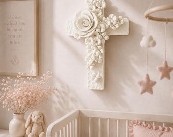Handmade Floral Cross for Nursery | Baptism Gift | Neutral Baby Blessing Decor | Ceramic Christening Wall Art