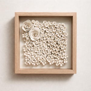 Handmade Floral Wall Art | 3D Paperclay Sculpture in Frame | Neutral Textured Wall Decor | Luxury Minimalist Artwork 11x11 inch image 1