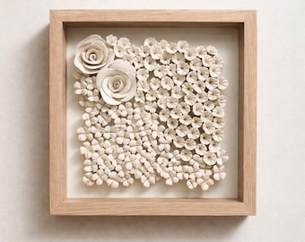 Handmade Floral Wall Art | 3D Paperclay Sculpture in Frame | Neutral Textured Wall Decor | Luxury Minimalist Artwork 11x11 inch