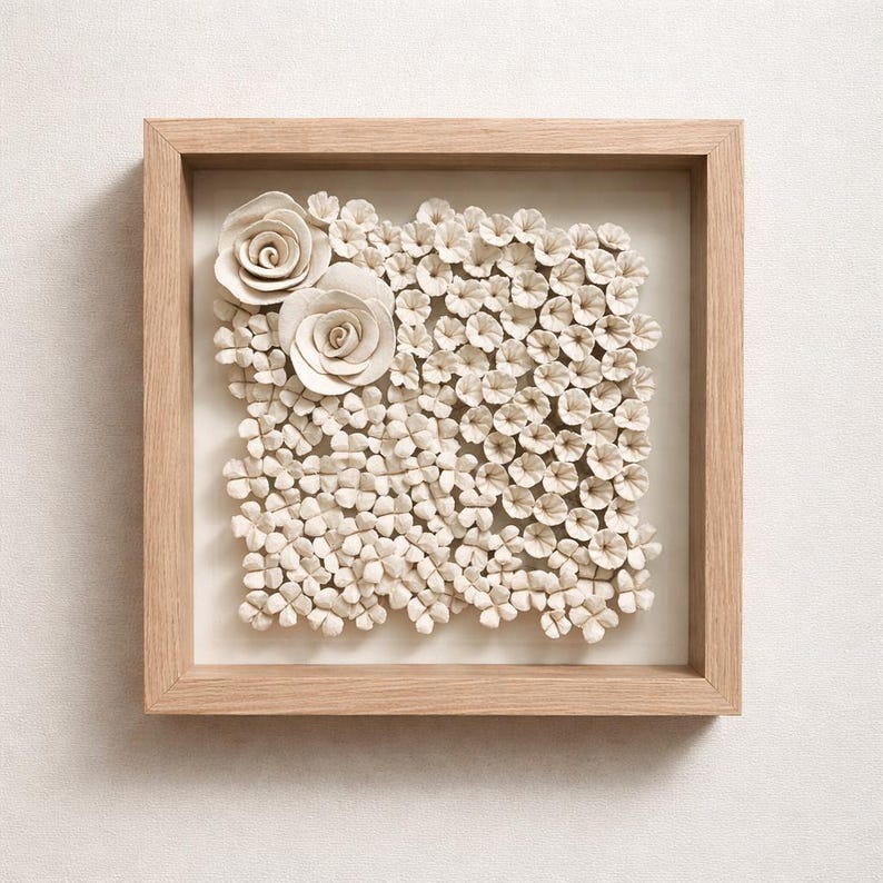 Handmade Floral Wall Art | 3D Paperclay Sculpture in Frame | Neutral Textured Wall Decor | Luxury Minimalist Artwork 11x11 inch image 1