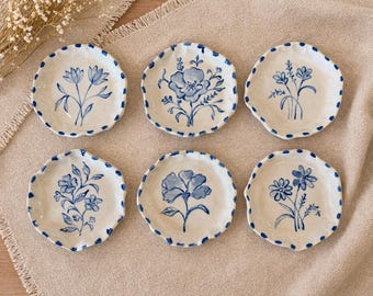 Handmade Ceramic Jewelry Dish Set of 6 – Blue Floral Trinket Plates (3.7”) – Hand Painted Pottery, Ring Holder, Coaster, Unique Gift