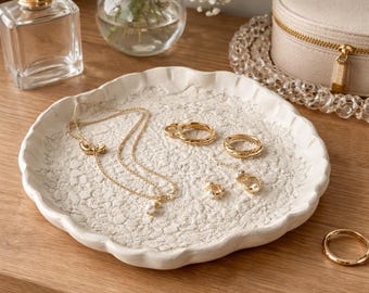 Handmade Lace Ceramic Jewelry Dish | Textured Porcelain Tray | Minimalist Sculptural Decor | Ring Holder | Neutral Home Accent