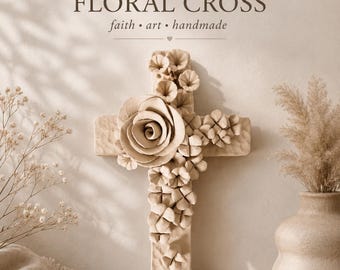 Handmade Ceramic Floral Cross Wall Decor | Neutral Christian Wall Art | Sculpted Flower Cross | Handmade Faith Gift