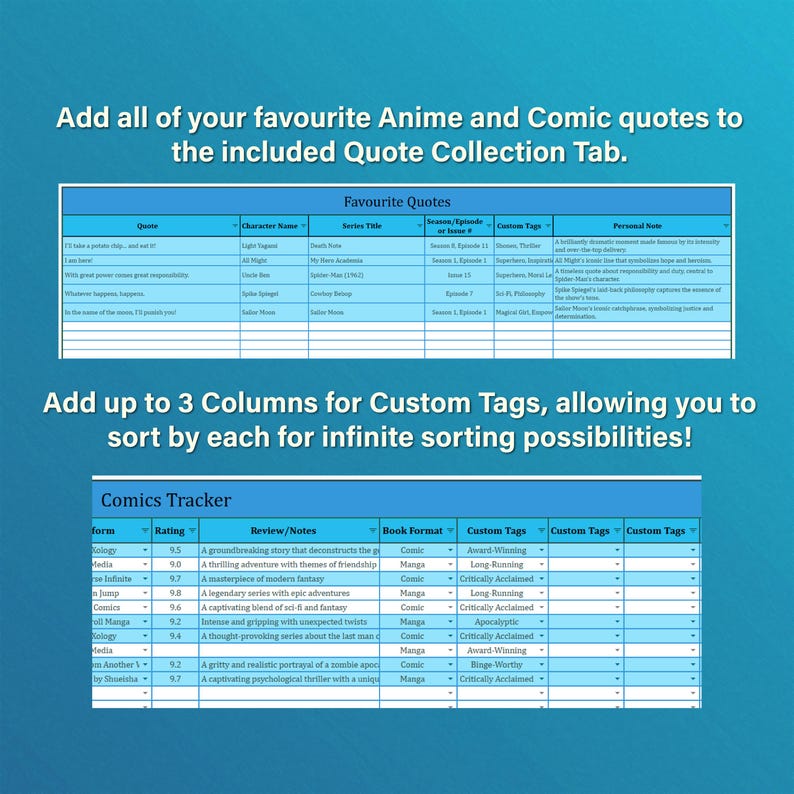 Anime & Comic Library Tracker for Google Sheets - Arctic Sky, Easy to ...