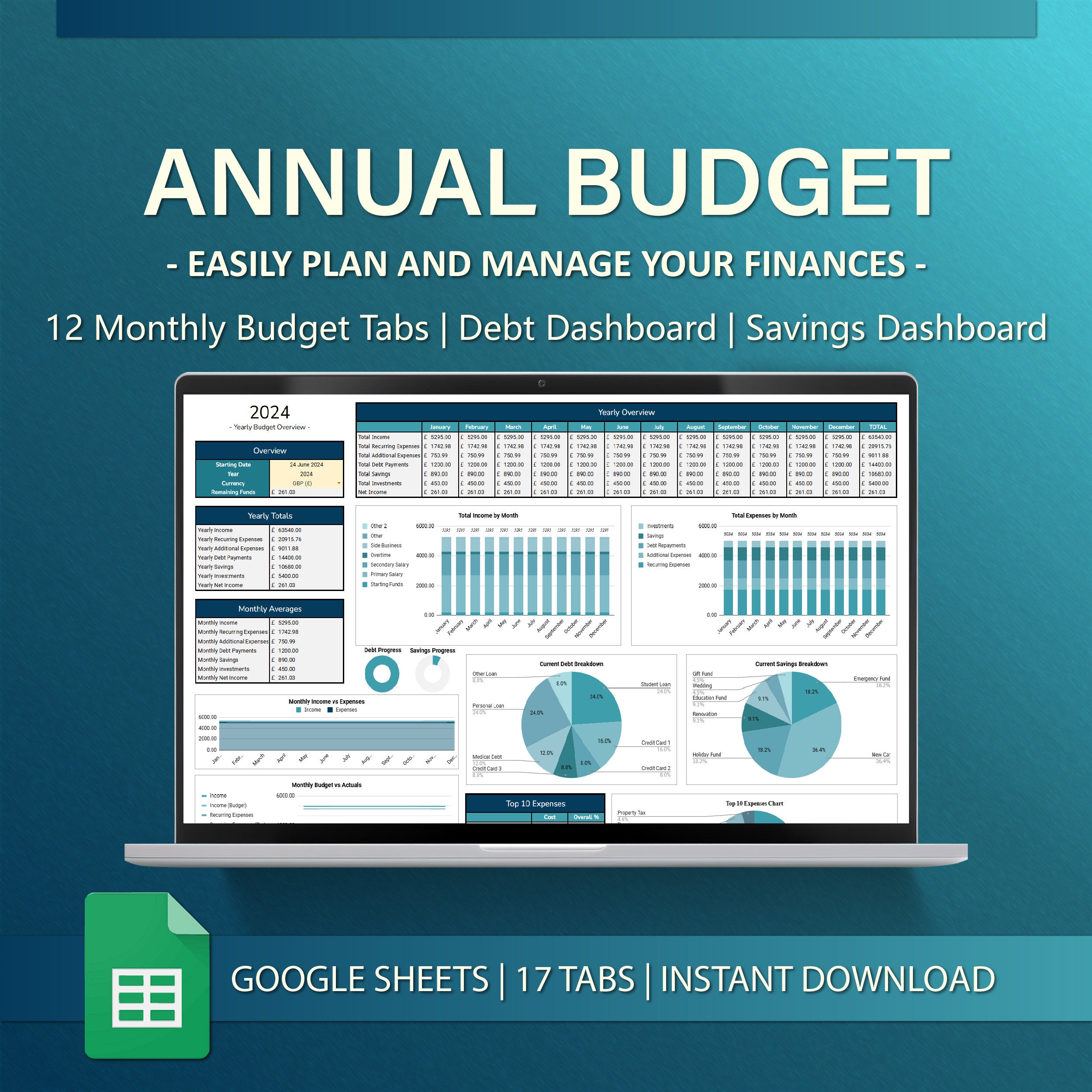 Annual Budget Planner for Google Sheets - Blue Horizon, All Currencies ...