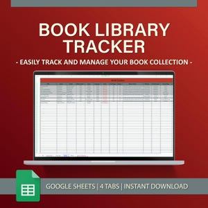 Book Library Tracker for Google Sheets - Crimson Steel, Easy To Use, Organization, Habit Management, Digital Bookshelf, Instant Download