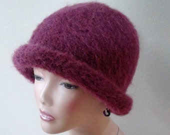 Light Burgundy or Wine Felted Baby Alpaca Rolled Brim Hat/Beanie