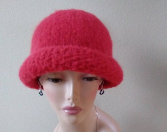 Red Felted Baby Alpaca Rolled Brim Bowler Hat/Beanie