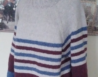 Striped Three Color Handknit Wool Sweater Size M-L