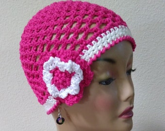 Raspberry Red and White Trim Cotton 1920s Fishnet Cloche with Detachable Flower