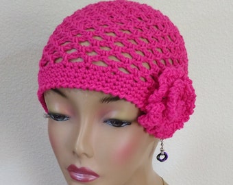 Raspberry Red Cotton 1920s Fishnet Cloche with Detachable Flower