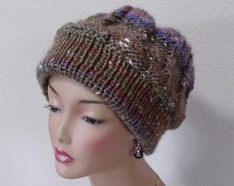 Green/Blue/Rose Wool/Silk Cable Cap/Beanie