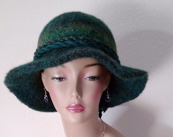 Deep Green Variegated  Felted Wool Hat with Flat Brim