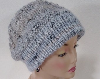 Light Grey/Ecru Wool/Silk Cable Cap/Beanie