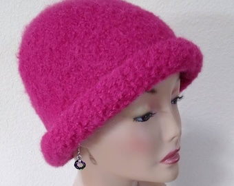 Raspberry Red Felted Baby Alpaca Rolled Brim Bowler Hat/Beanie