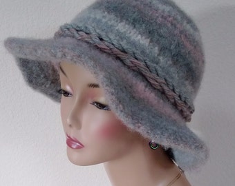 Light Grey Variegated Felted Wool Hat with Flat Brim