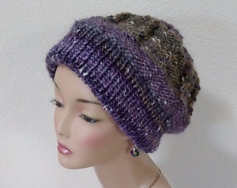 Purple/Green Wool/Silk Cable Cap/Beanie