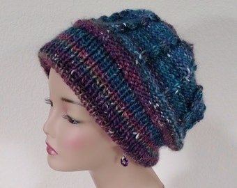 Blue/Wine Wool/Silk Cable Cap/Beanie