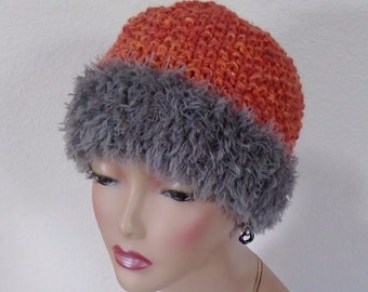 Burnt Orange and Grey Handknit Faux Fur Wool/Silk/Alpaca Beanie