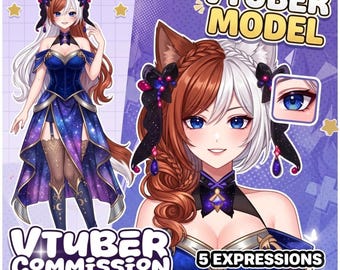 May include: A digital illustration of a VTuber model with brown and white hair, blue eyes, and a dark blue and purple dress. The image includes the text "VTuber Model", "VTuber Commission", "5 Expressions", and "Animated Emotes".