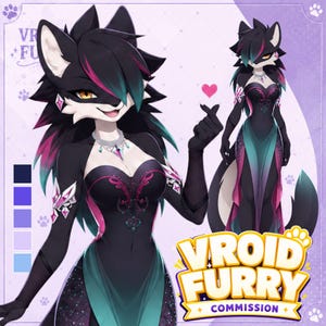 May include: A digital character illustration featuring an anthropomorphic wolf-like figure with black fur, magenta and teal highlights, and amber eyes. The character wears a black strapless gown with teal panels, a crystal necklace, and arm accessories.