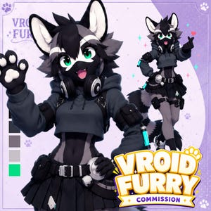 May include: A digital character illustration of a raccoon-like creature with black and gray fur, green eyes, and a black mask. The character wears a dark gray cropped hoodie, a black pleated skirt, headphones, and utility belts with pouches.