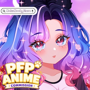 May include: Digital anime-style illustration of a character with long, wavy purple and blue hair, large pink eyes, and cat ears. The image features the text NekoNook_Store and PFP ANIME COMMISSION with a small paw print icon on a pink background.