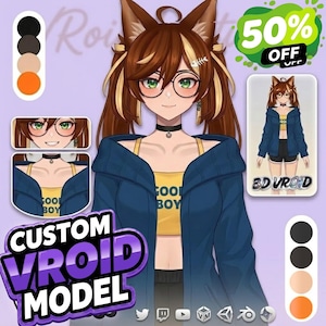 May include: A digital anime-style character model featuring brown hair with blonde highlights, green eyes, and round glasses. The character wears a dark blue hooded jacket over a yellow crop top with the text GOOD BOY, a black choker, and dark shorts.