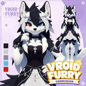 May include: A digital character reference sheet featuring a black and white anthropomorphic wolf with heterochromia, one red eye and one blue eye. The character wears a black and white dress with silver chain accents. Text reads VROID FURRY.