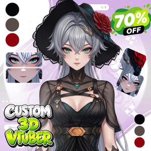 Op de afbeelding: Digitale illustratie van een vrouwelijk anime-personage met zilver haar, turquoise ogen en een zwarte jurk. Het personage draagt een zwarte hoed met een rode roos. De tekst "CUSTOM 3D VTUBER" en een "70% OFF" grafiek zijn inbegrepen.